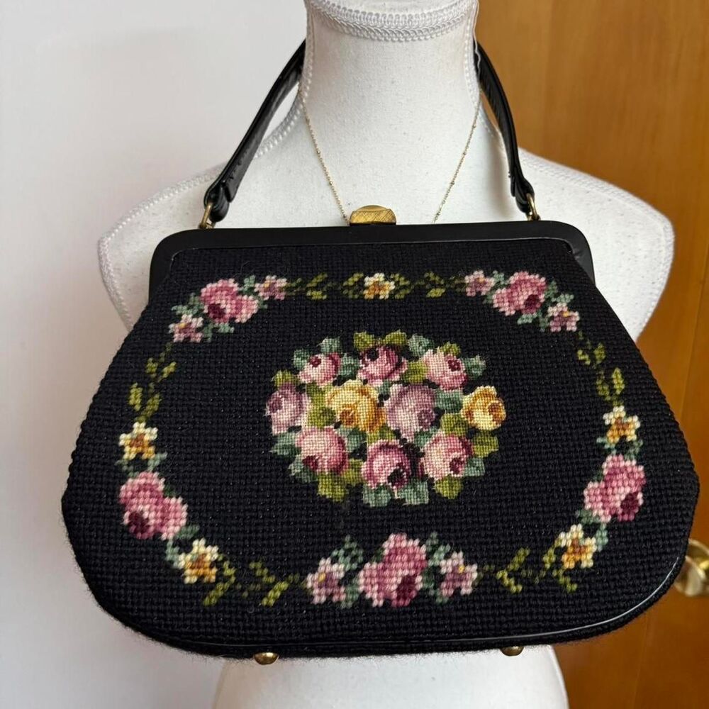 Vintage black floral tapestry purse